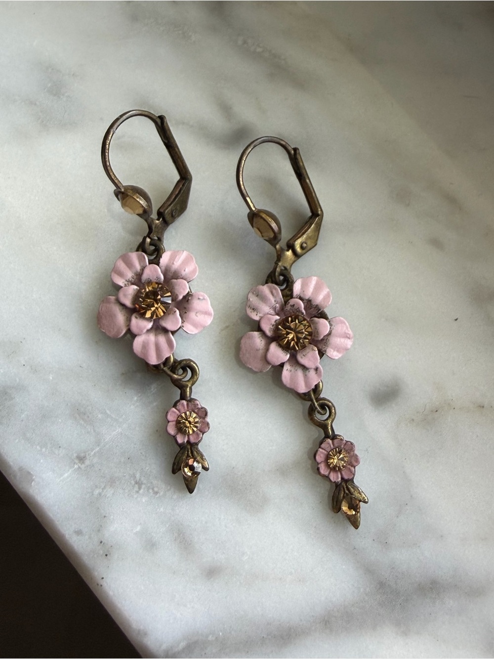 Michal Negrin Pink Floral Drop Earrings with Gold Accents